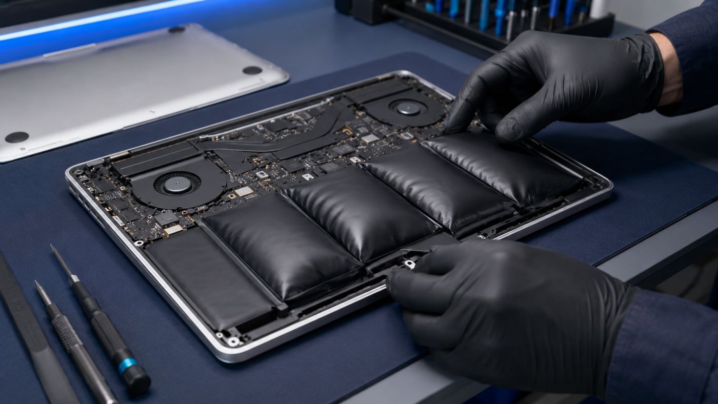 Réparation Mac à domicile : remplacement d’une batterie MacBook gonflée par un technicien Help-Tech