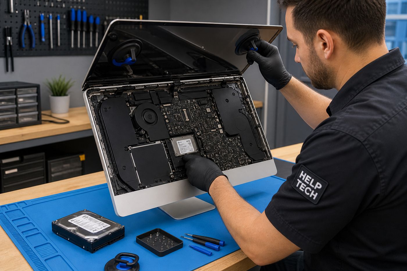 Réparation iMac en entreprise : technicien Help-Tech remplaçant un disque par un SSD