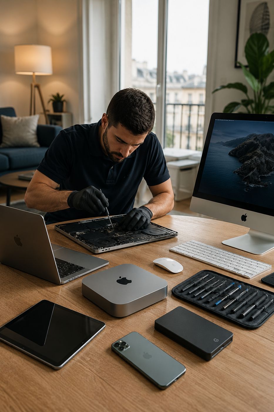 Technicien Help-Tech en réparation Mac à domicile — MacBook ouvert, iMac, Mac mini et iPad