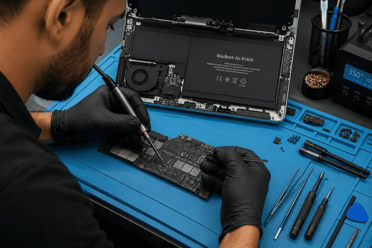 Réparation Mac Paris à domicile : micro-soudure sur la carte mère d’un MacBook Air par Help-Tech