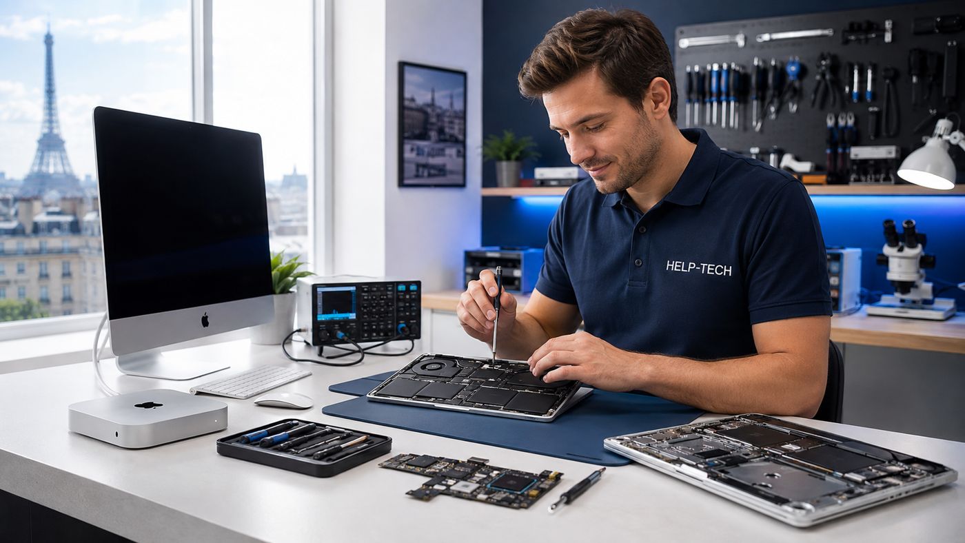 Technicien Help-Tech en réparation Mac à domicile sur un bureau, à Paris