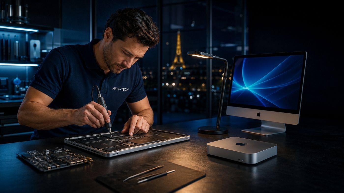 Réparation Mac à domicile en soirée, Paris en arrière-plan — atelier Help-Tech